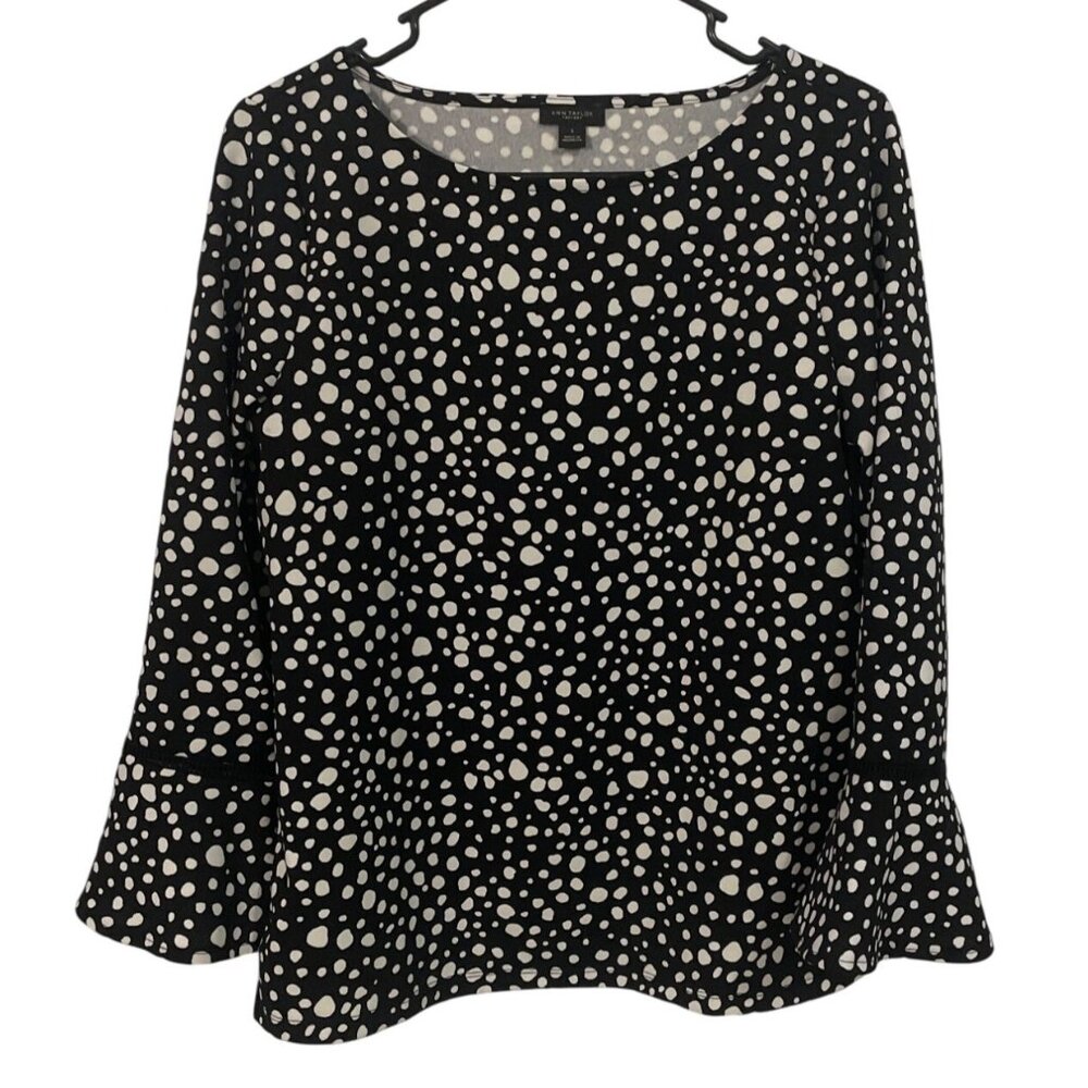 Womens Black & White Polka Dot Blouse Bell‎ Sleeves Size S Preppy Timeless